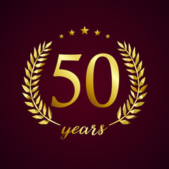50 years old luxurious logotype. Congratulating 50th, 5th numbers in circle of palms, cup template. Isolated sign greetings symbol, celebrating traditional stained-glass decorative retro style ear.