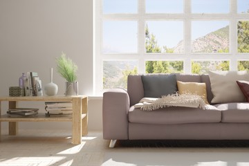 Idea of white room with sofa and summer landscape in window. Scandinavian interior design. 3D illustration