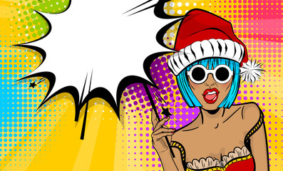 Naklejka premium Dare girl in red dress hold hand bengal fire, sparkler empty comic text speech bubble, balloon box. Marry Christmas young beautiful pop art woman pompom hat. Vector illustration popart wow face.