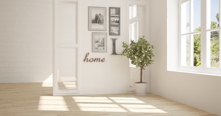 Idea of white empty room with summer landscape in window. Scandinavian interior design. 3D illustration