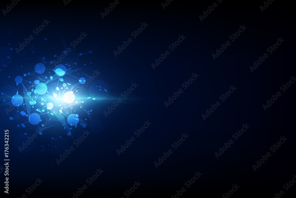 Poster abstract futuristic - molecules technology with linear and polygonal pattern shapes on dark blue bac