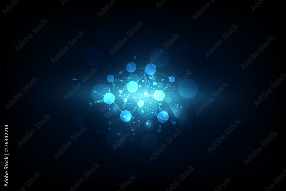 Poster abstract futuristic - molecules technology with linear and polygonal pattern shapes on dark blue bac