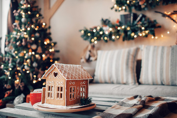 Homemade gingerbread house on light room background