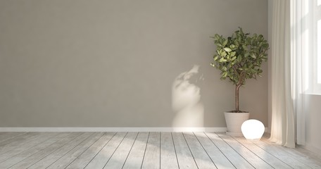 Inspiration of white minimalist room with green flower. Scandinavian interior design. 3D illustration