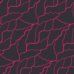 Seamless pattern with abstract irregular wavy pink grid on black background. Dark contrast red capillary lines texture for textile, wrapping paper, cover, wallpaper, surface