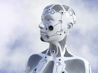 3D rendering of female robot head.