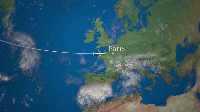Route of commercial airplane flying from New York to Paris on the Earth globe. International trip intro animation