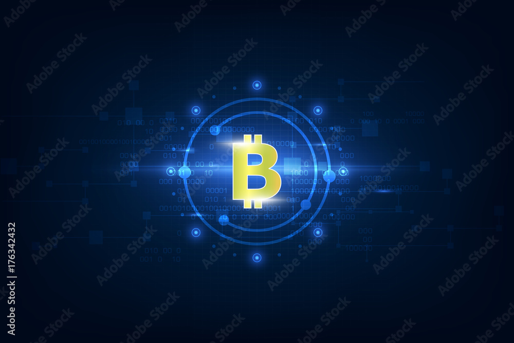 Poster virtual symbol of the coin bitcoin on binary code background and electronic circuit. crypto-currency