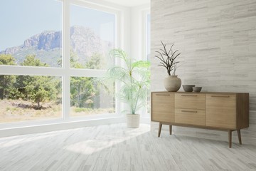 Idea of white room with shelf and summer landscape in window. Scandinavian interior design. 3D illustration