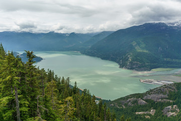 scenic view of Howe sound from the sea to sky gondola in Squamish , British Columbia.