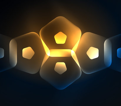 Glowing glass transparent pentagans, geometric abstract digital background