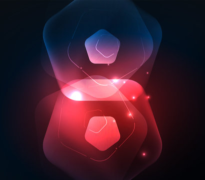 Glowing glass transparent pentagans, geometric abstract digital background