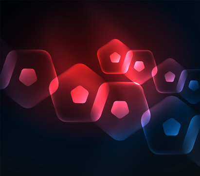 Glowing glass transparent pentagans, geometric abstract digital background