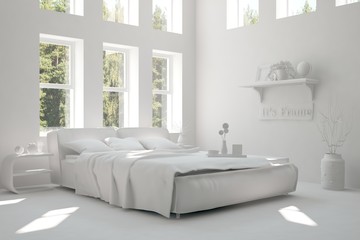 Idea of white minimalist bedroom with summer landscape in window. Scandinavian interior design. 3D illustration