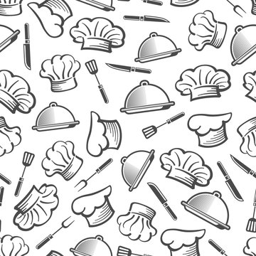 Kitchen seamless pattern - chef hat dish and cutlery texture