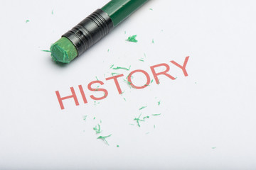 Word 'History' with Worn Pencil Eraser and Shavings