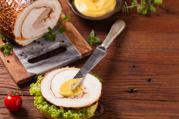 Rolled, roasted pork belly.