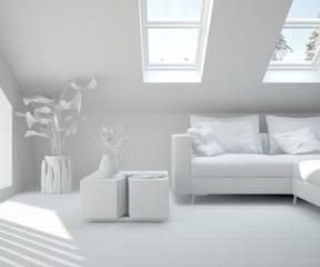 Inspiration of white minimalist room with sofa. Scandinavian interior design. 3D illustration