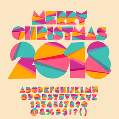 Vector Merry Christmas greeting card for Kids. Bright Alphabet Letters, Numbers, Symbols.