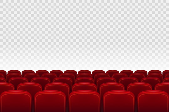 Empty movie theater auditorium with red seats. Rows of red cinema movie theater seats on transparent background, vector illustration