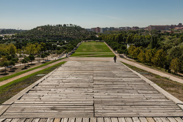 Gardens and meadows of the linear park of the Manzanares in Madrid
