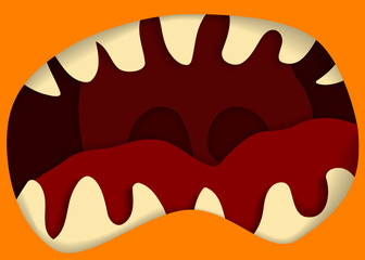 Monster mouth and teeth vector illustration, for halloween banner. Illusion of depth. Orange and red halloween monster mouth.