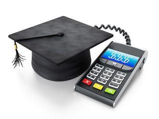 Calculator connected to mortarboard. 3D illustration