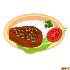 Grilled meat steak and white rice. Fried cutlet and garnish. Meat rissole, rice, green vegetables. Vector illustration.