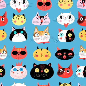 Vector bright seamless pattern of multi-colored cat portraits
