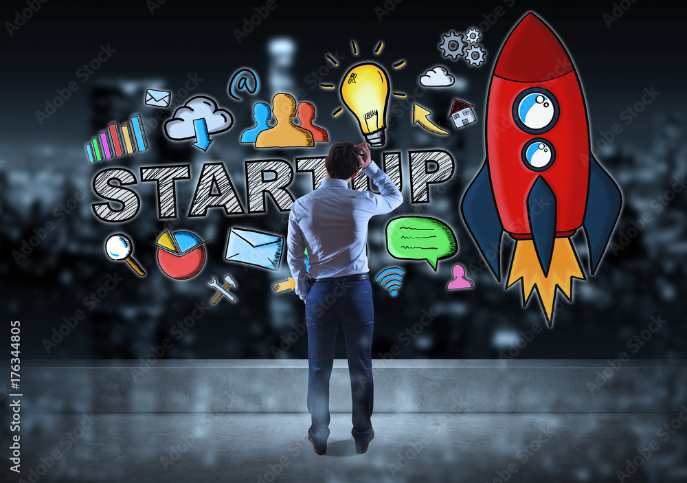Poster businessman watching startup sketch on a rooftop 3d rendering
