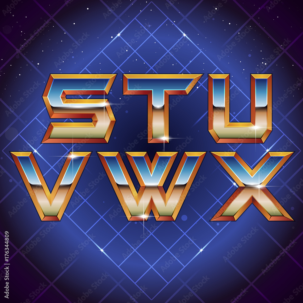 Poster 80s retro futuristic font from s to x. vector retro futuristic synth retro wave letters in 1980s pos