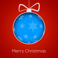 Christmas ball cut from paper with snowflakes on red background with Merry Christmas text. Easily editable Greeting card template for your congratulations, 3D illustration