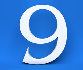White number 9 (Nine) on a blue background. 3D Render
