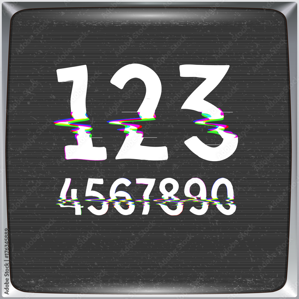 Poster font with glitch effect on tv screen background. vector distorted numbers on retro crt screen
