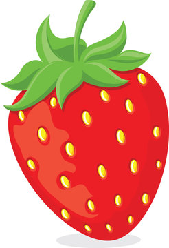 Red ripe cartoon strawberry symbol with green leaves.