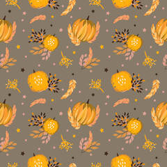 Autumn pattern with pumpkins, foliage, wheat, rye. Seamless background. Halloween, thanksgiving style.