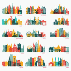 Skyline detailed silhouette set (Barcelona, Madrid, Rome, London, Vienna, Prague, Brussels, Istanbul, Lisbon, Moscow, Warsaw, Amsterdam, Zurich). Travel and tourism background. Vector illustration - 176346074