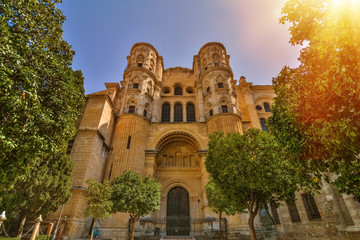 Facade of the cathedral of Malaga, Spain on a sunny day.