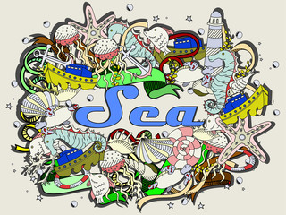 Sea line art design raster illustration