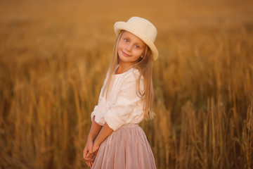 Portrait of a cute beautiful girl with long hair on the background of a wheat field on a summer evening