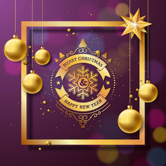 Merry Christmas and Happy New Year Illustration with typography and gold glass balls on purple background. Vector Holiday design for greeting cards, banner, poster, gift.