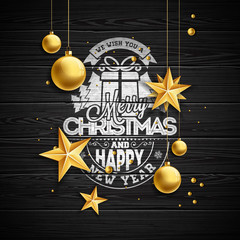 Vector Christmas illustration with typography and gold glass balls on vintage wood background. Vector holiday illustration.