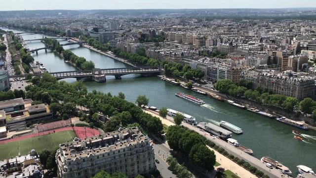 Aerial view of Paris Skyline and Seine river from Eiffel Tower in Paris, France