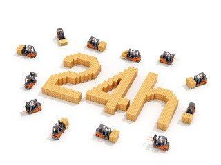 Obraz premium Concept of delivery. Boxes made of corrugated cardboard and which form the inscription around which loaders are riding. 3D illustration