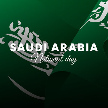 Banner or poster of Saudi Arabia National Day celebration. Waving flag. Vector illustration.