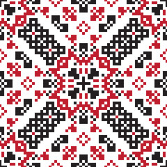 Ethnic geometric pattern. Black, red and white seamless background. Pixel boho ornament.