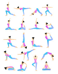 Fototapeta na wymiar Woman is practicing yoga movements. Vector set of different yoga positions.