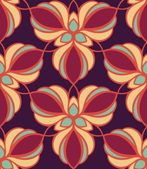 Seamless pattern morrocan ornament. Floral textile print. Islamic vector design. Oriental background with abstract flowers. Hexagonal trefoil swatch. Stained glass vitrage.