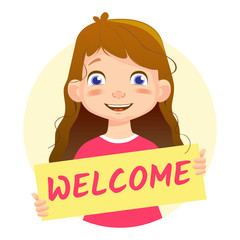 Girl holding WELCOME poster-smile