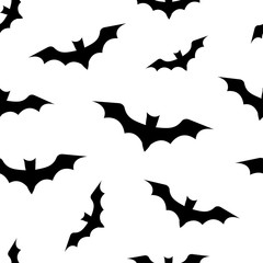 Seamless pattern with bats for Halloween. Black bats on white background. Vector illustration